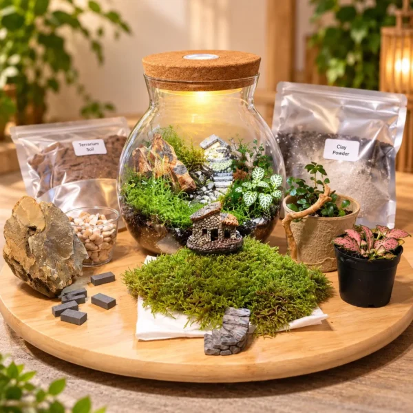 Miniature Cottage Garden Terrarium Kit with LED Cork Lid